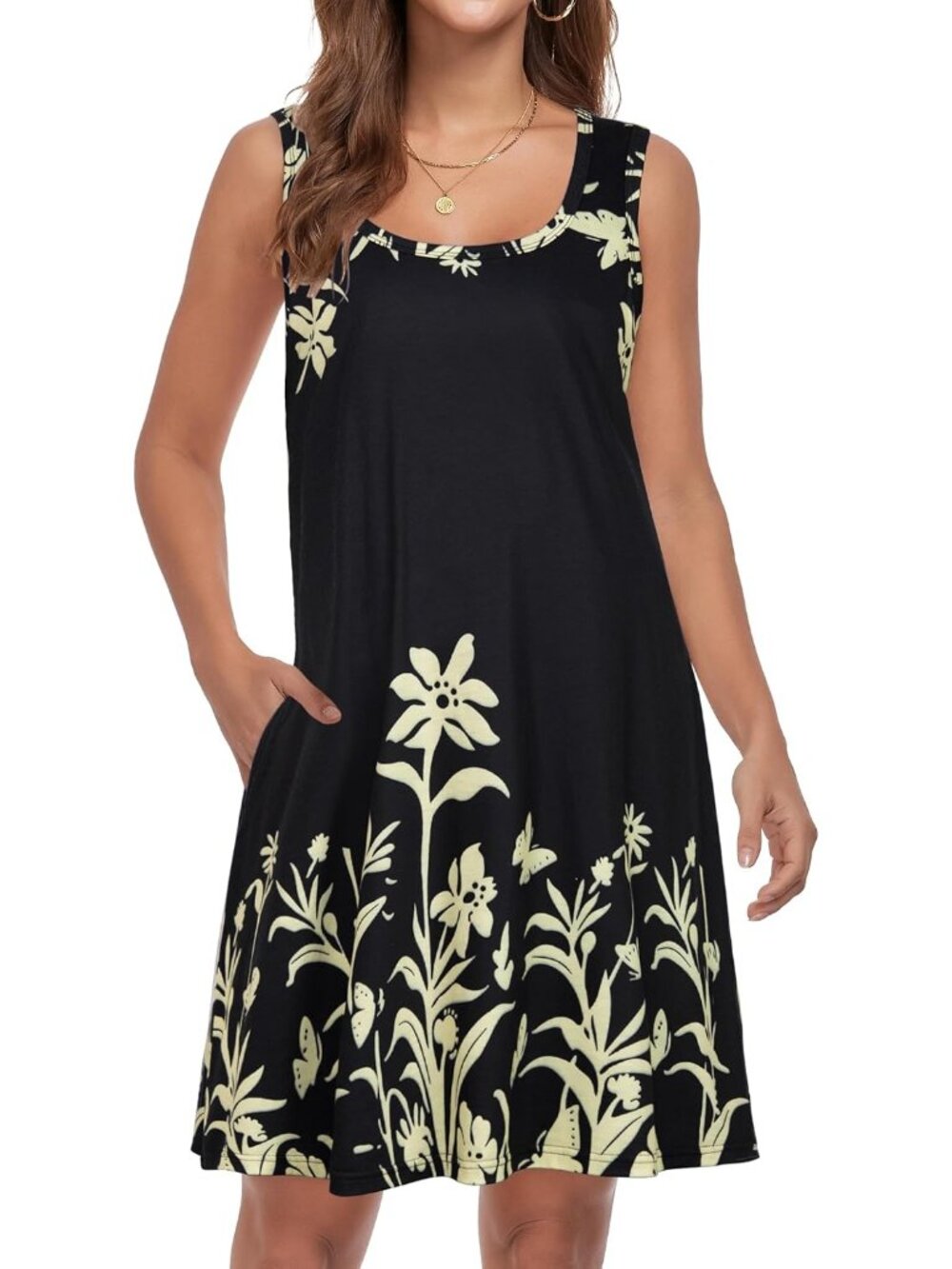 Women's Black Floral Crew Neck Beach Boho Dress Casual Sleeveless Pockets Dress